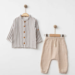 Two-Piece Long-Sleeve Set Beige Striped