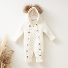 Knitted Overall in Beige with Fur Collar