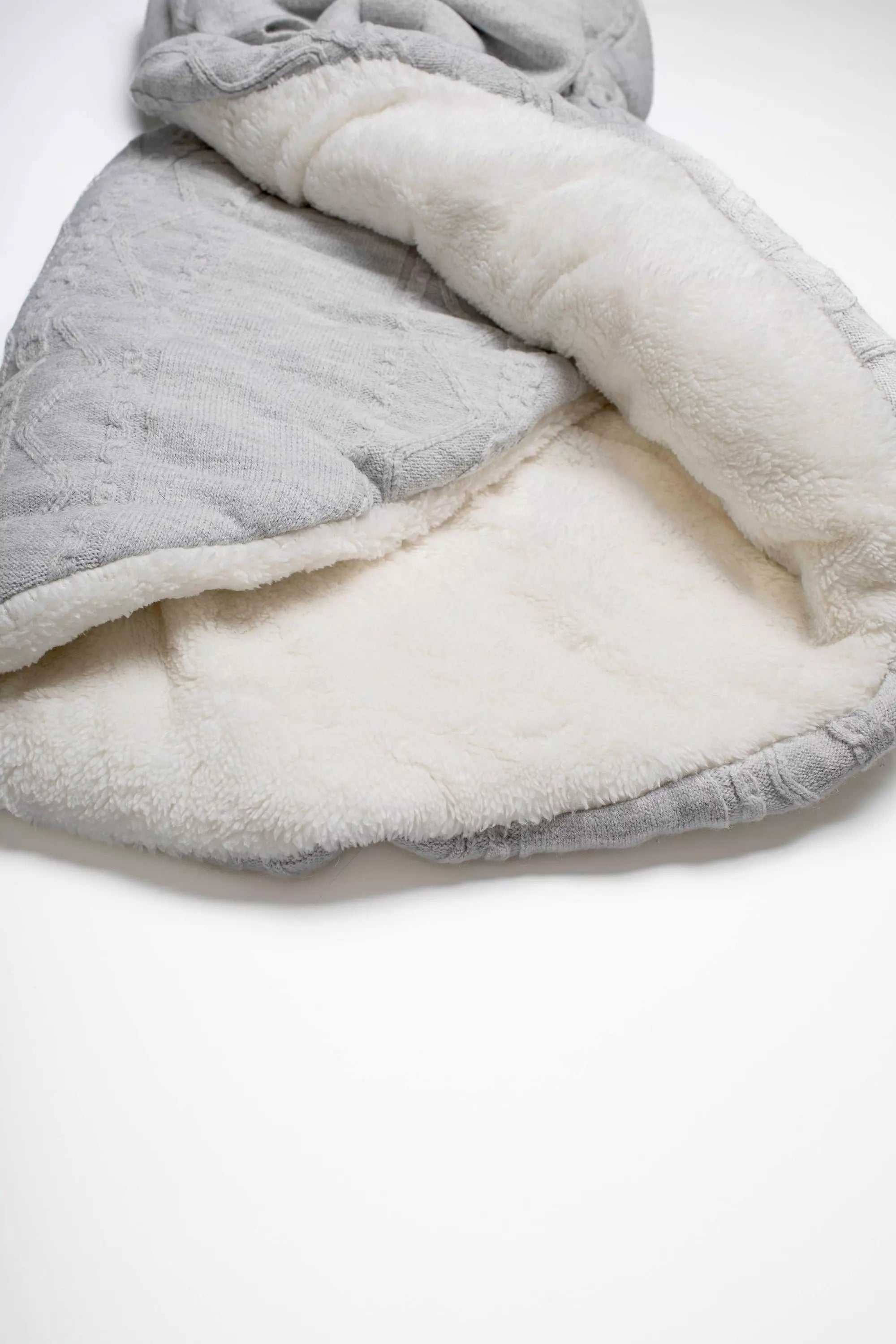 Nahaufnahme des kuscheligen, weißen Teddyfutters in der grauen Baby Strickdecke.