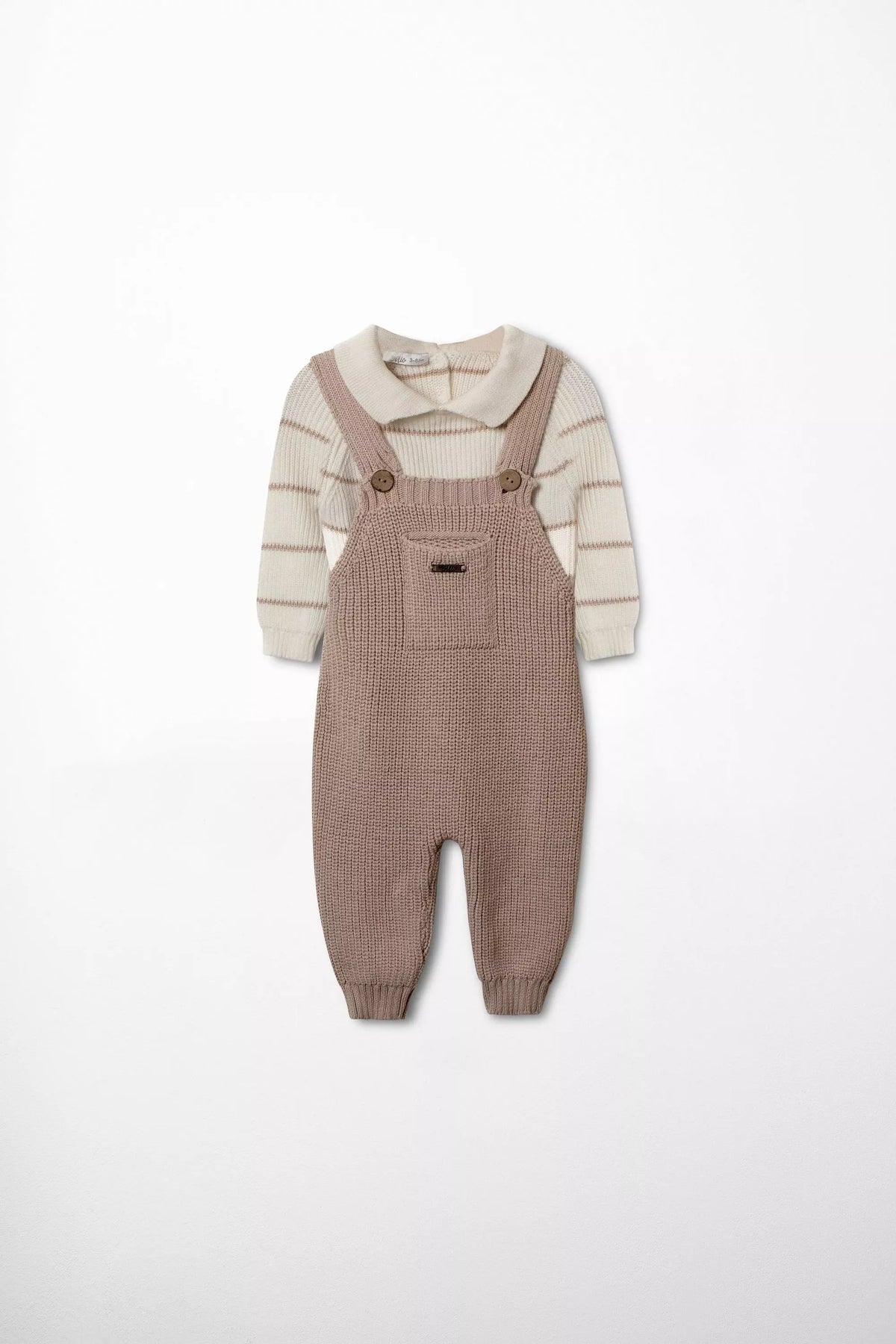 Baby Strickmode Set taupe Latzhose und beiger gestreifter Polopullover