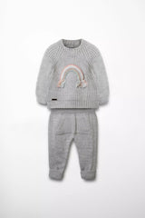 Baby Strickmode Set Pullover mit 3D Regenbogen-Applikation und graue Strickhose