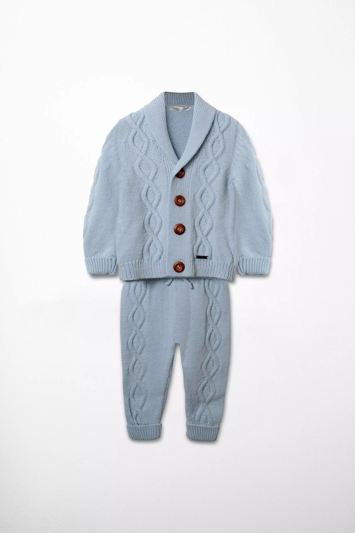 Baby Strickmode Set hellblaue Strickjacke mit Schalkragen Zopfmuster und passende Strickhose