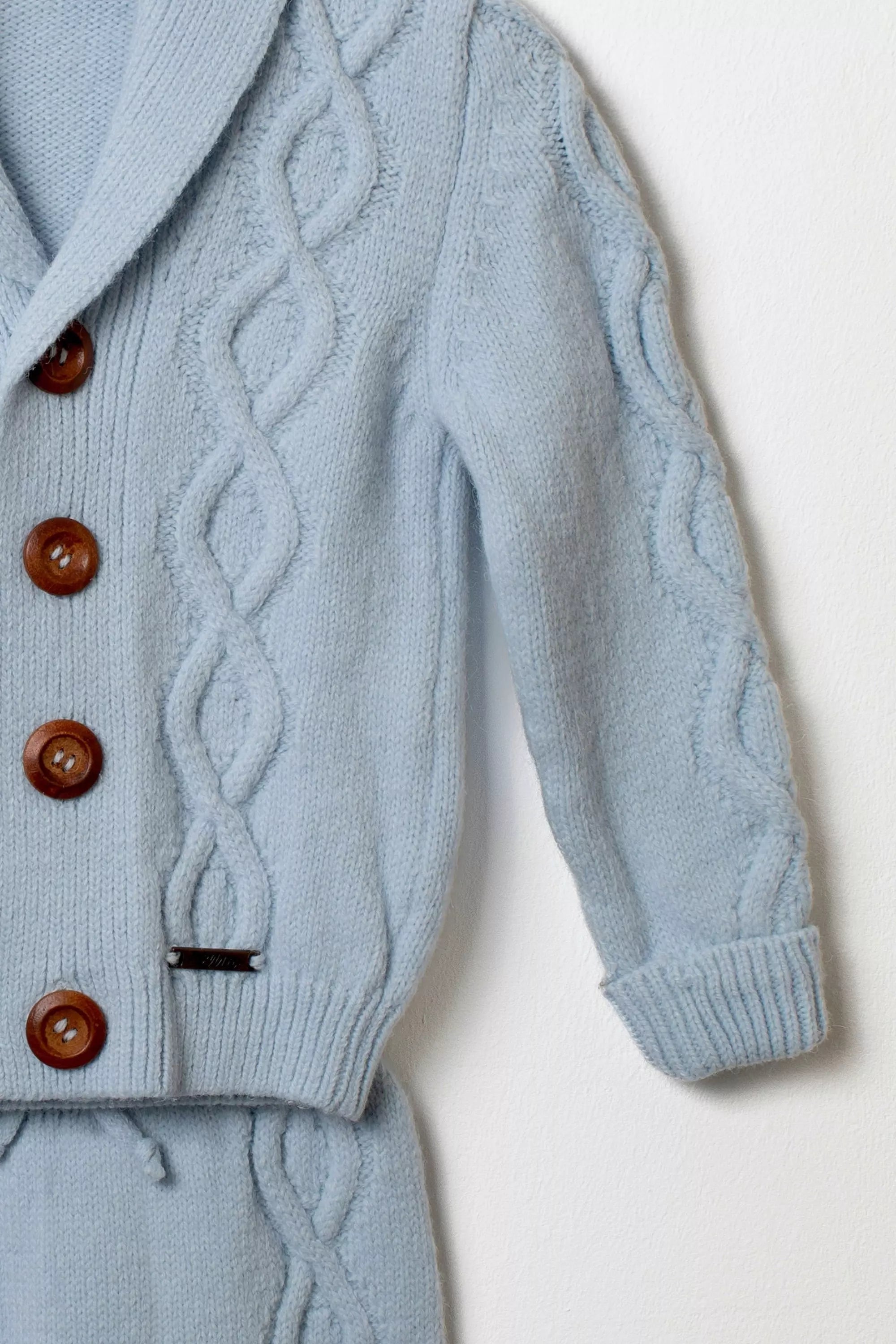 Detailaufnahme Strickjacke hellblau Zopfmuster Ärmel Schalkragen Holzknöpfe