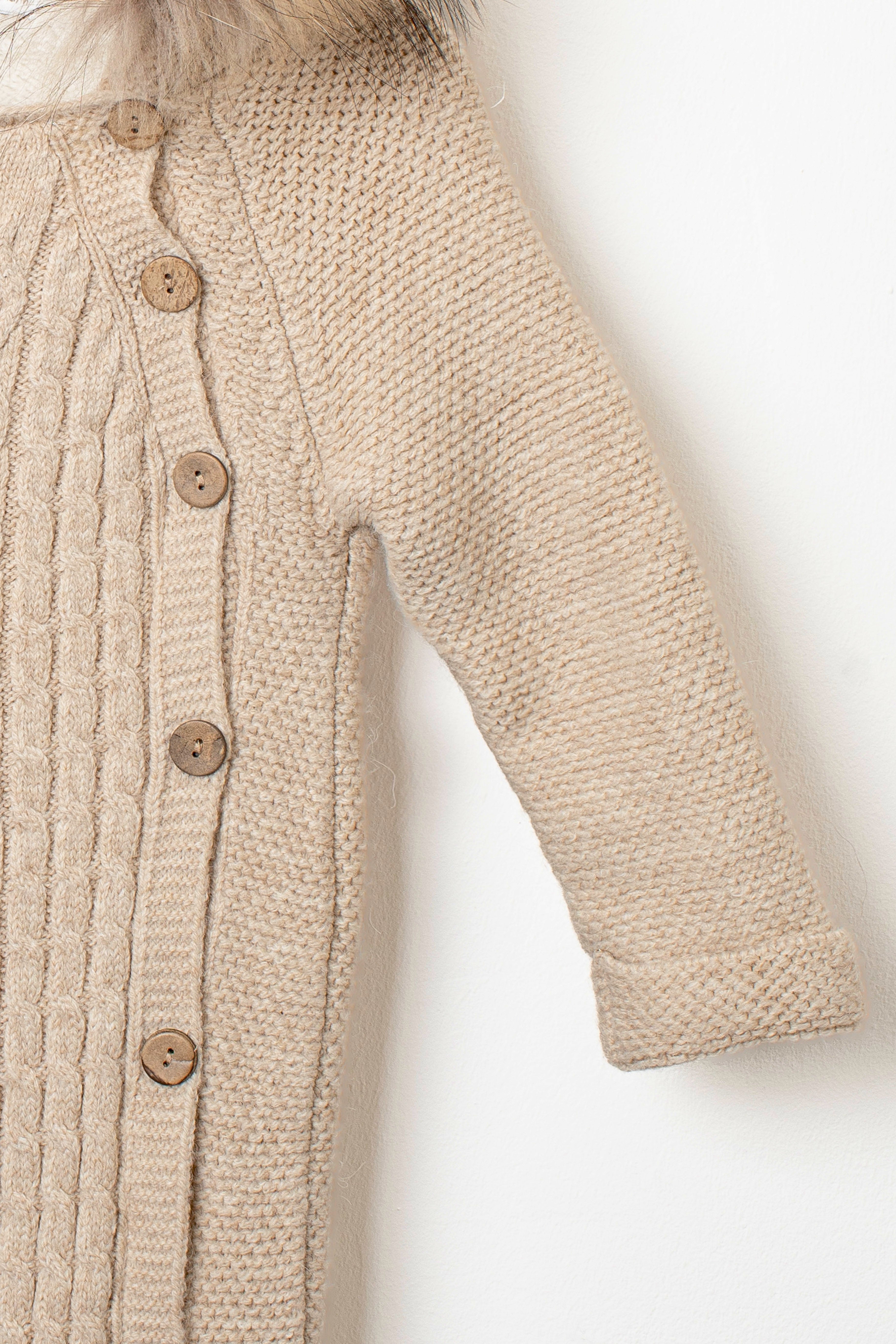 Knitted Overall in Beige with Fur Collar