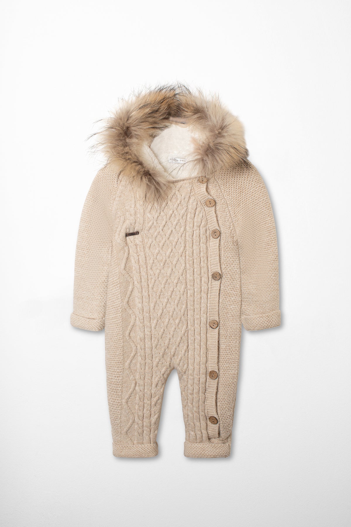 Knitted Overall in Beige with Fur Collar