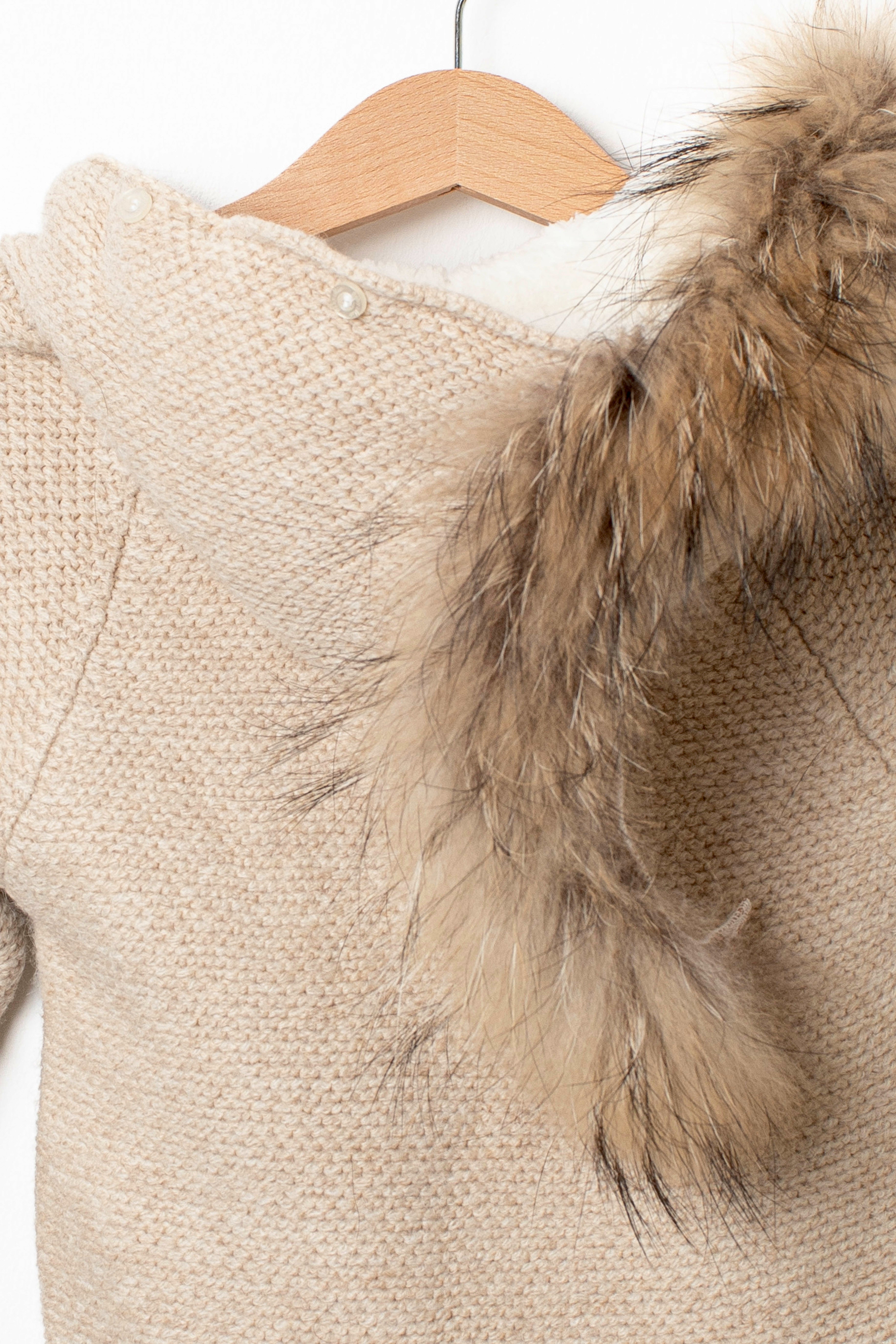 Knitted Overall in Beige with Fur Collar