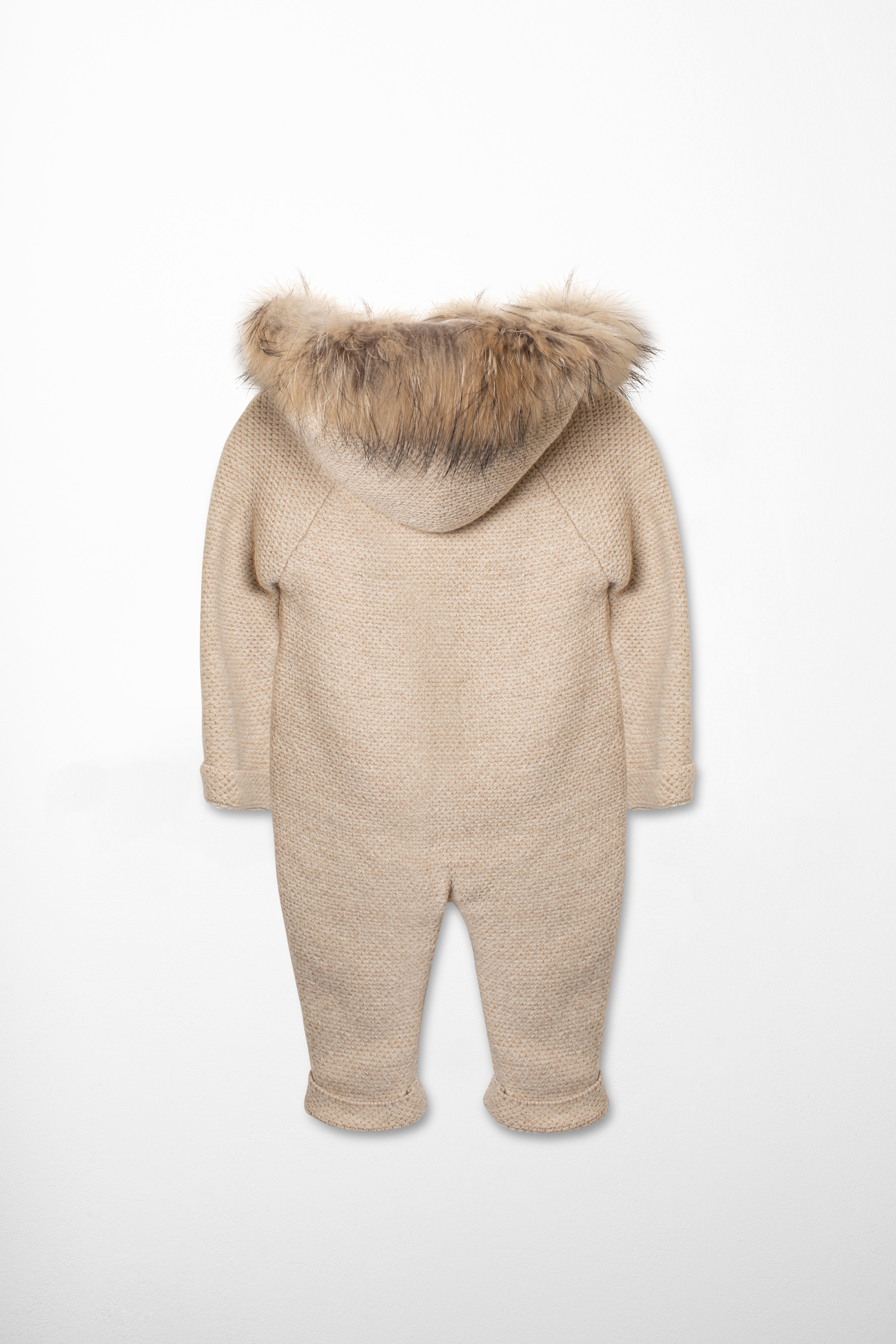 Knitted Overall in Beige with Fur Collar