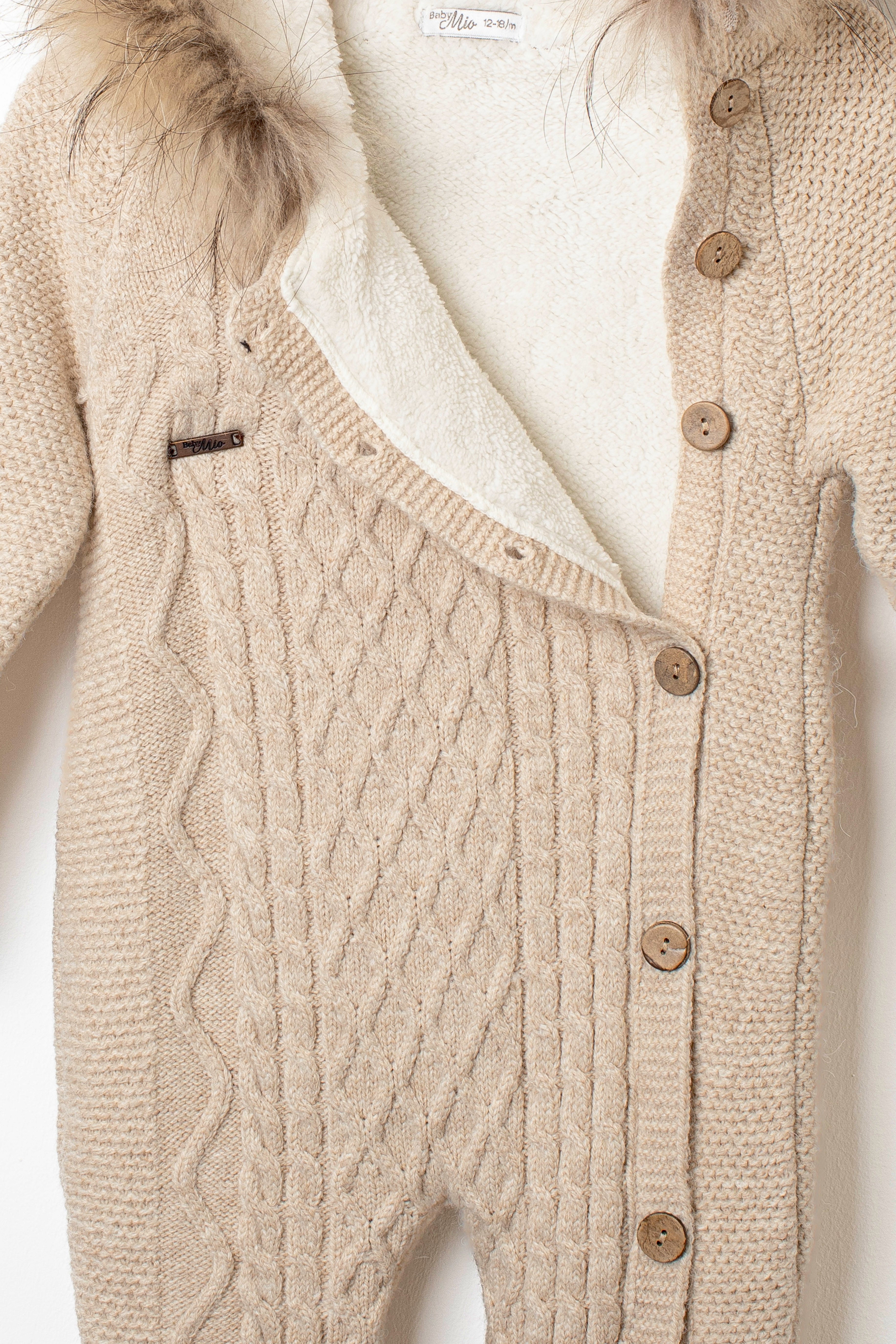 Knitted Overall in Beige with Fur Collar